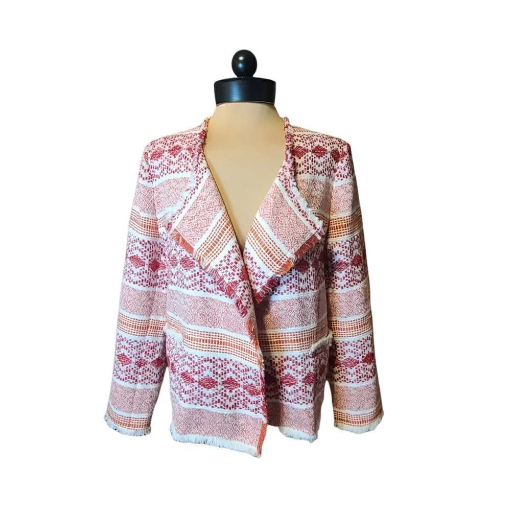 LOFT Textured Tweed Open Fringed Jacket Size 12 - Picture 2 of 9